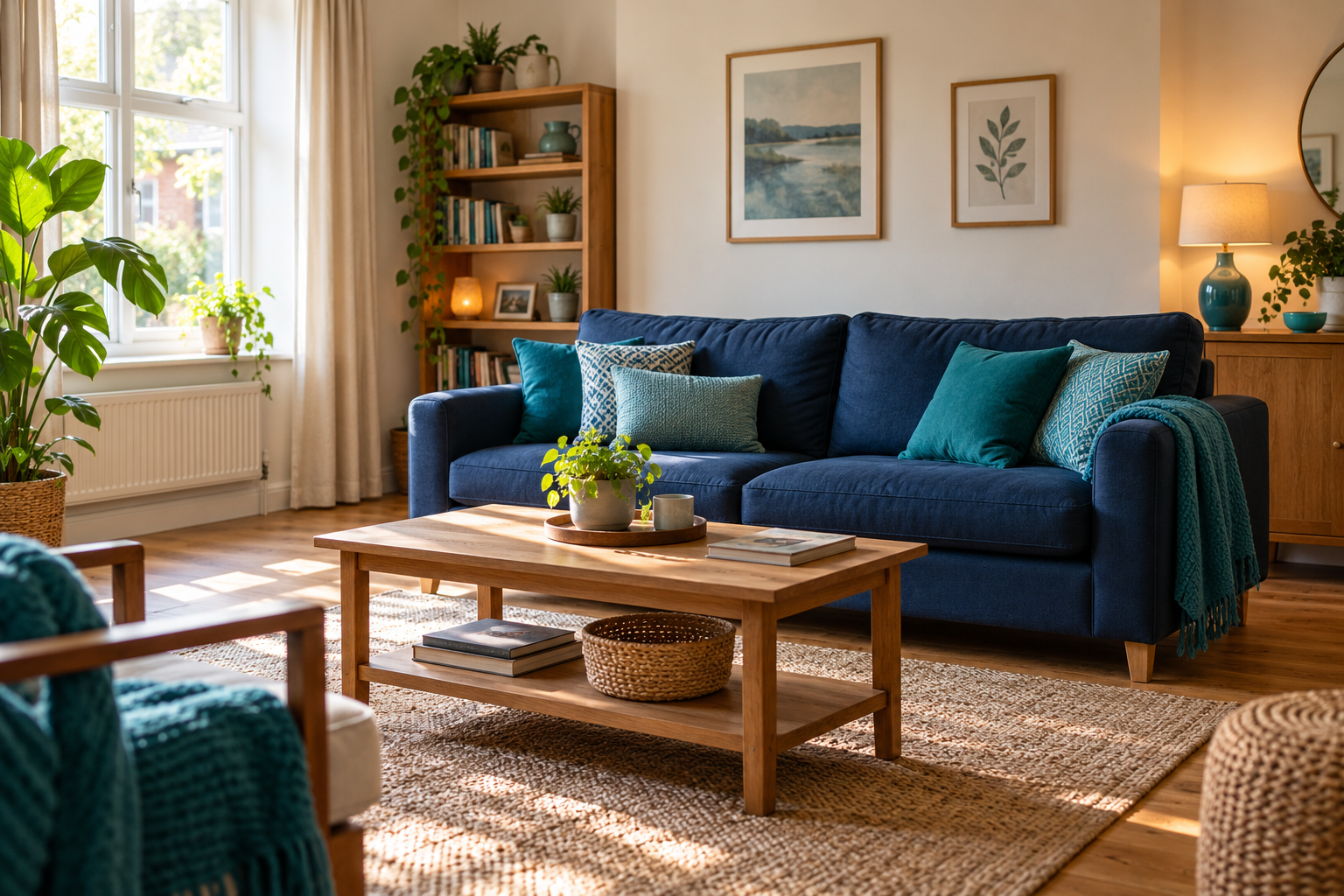 Illustrative shared living room with a navy sofa, teal accents, and natural light